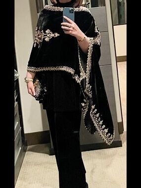 Black Velvet Embroidered Shawl Wrap with Gold Accents